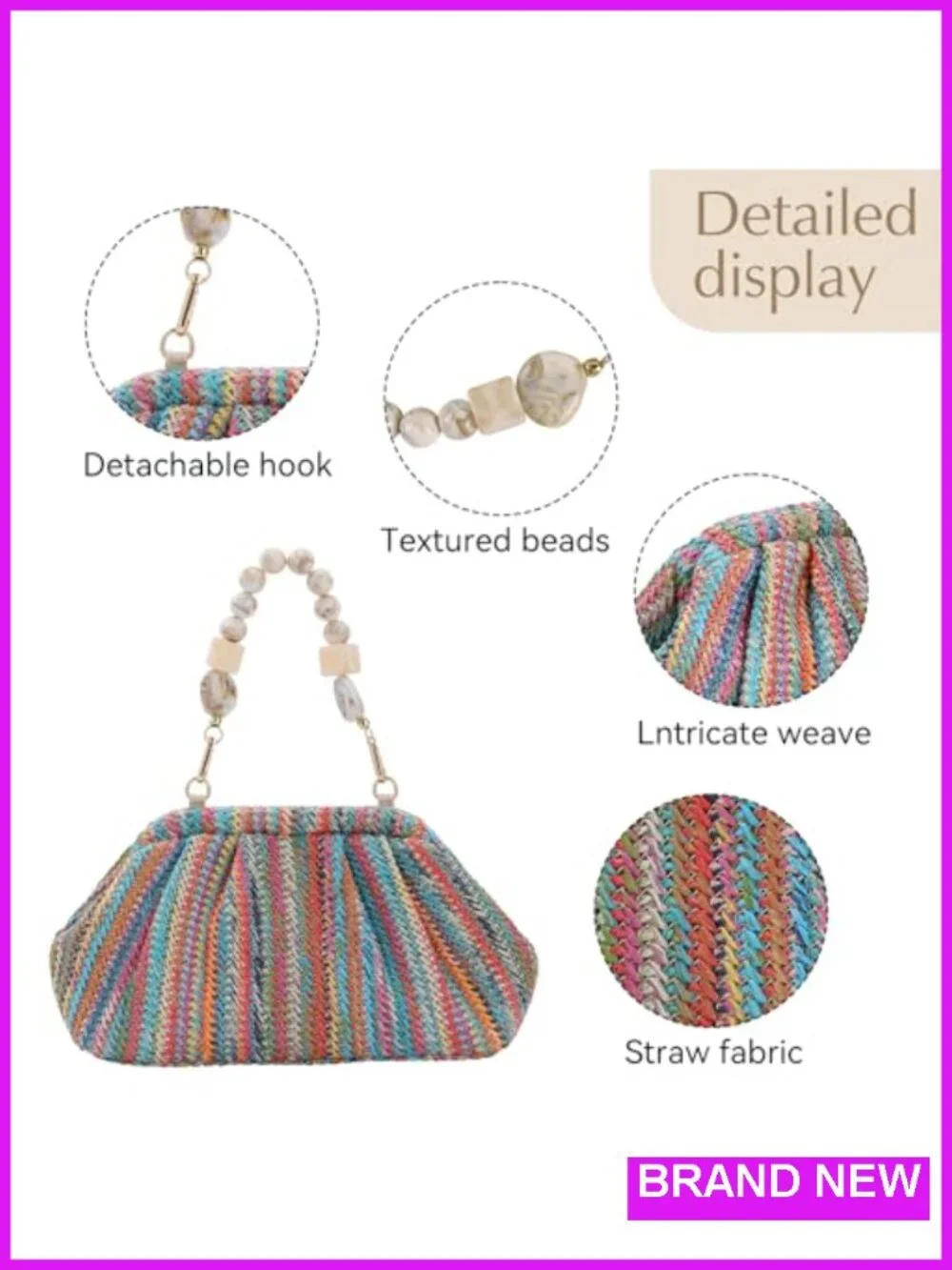 Straw Woven Clutch Purse with Detachable Crossbody Strap for Beach Vacation